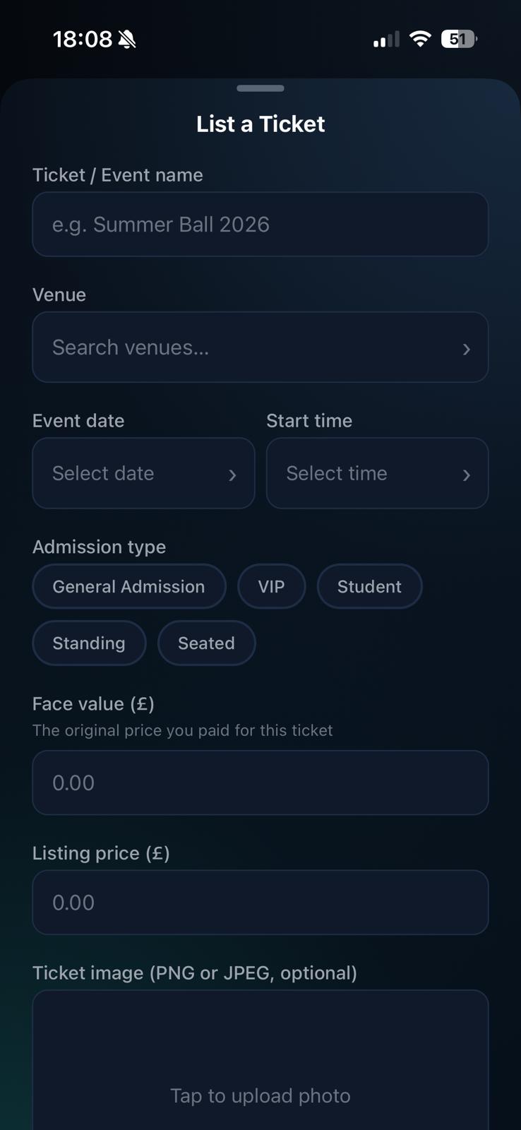 Student Market sell screen